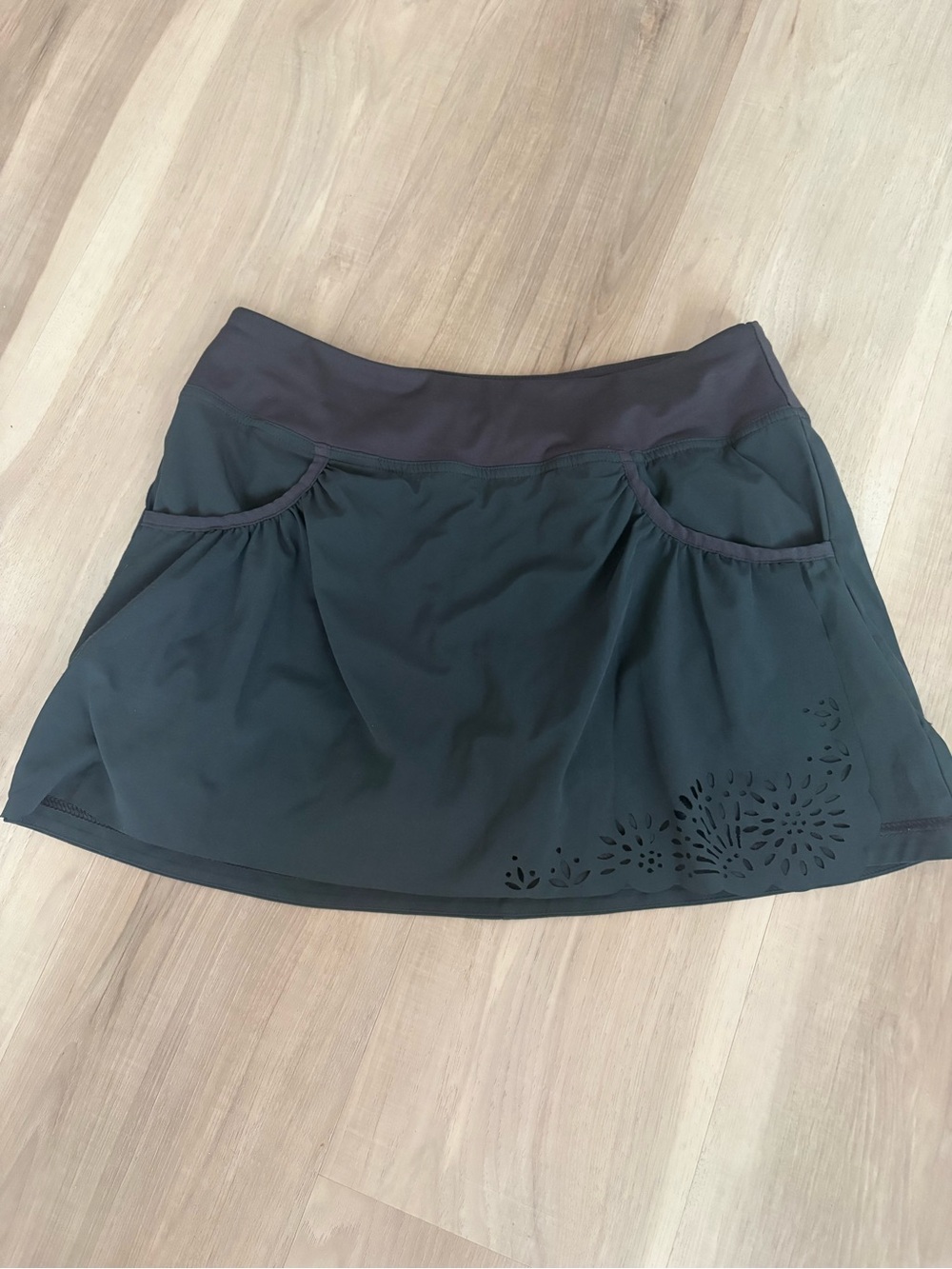 Athleta Dark Gray Active Skort with Laser-Cut Floral Hem